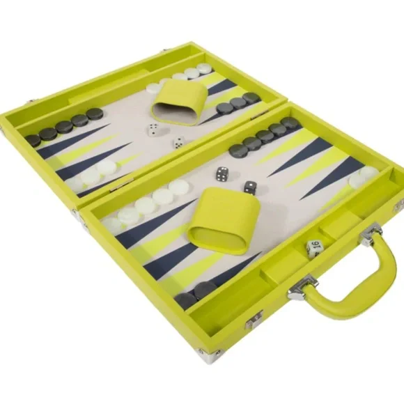 Ellen Backgammon Set Lime Vegan Leather Case Game By Brouk & Co 15x10.5” NEW - Picture 2 of 8